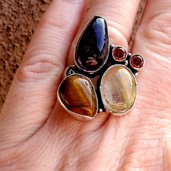 New Amethyst, Golden Rutile, Tiger Eye and Garnet 925 Silver Ring. - Picture 14 of 15